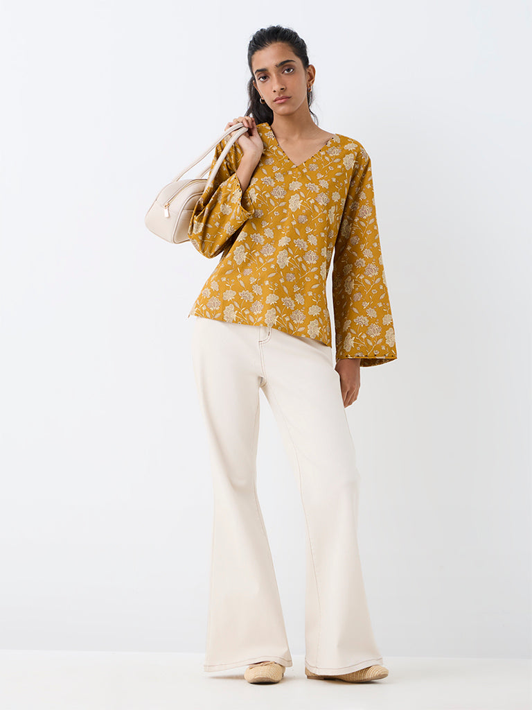 Utsa Mustard Floral Printed Cotton Tunic