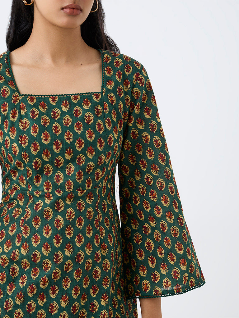 Utsa Dark Green Foliage Printed Cotton Kurti