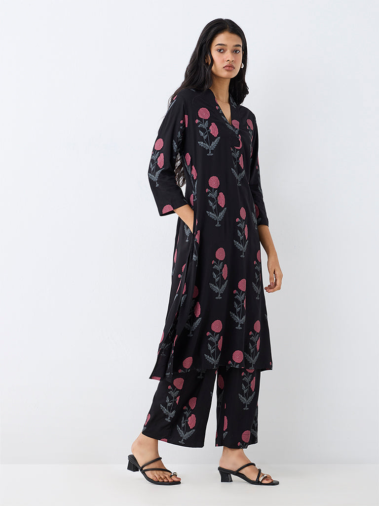 Utsa Black Foliage Printed Cotton-Blend Pants