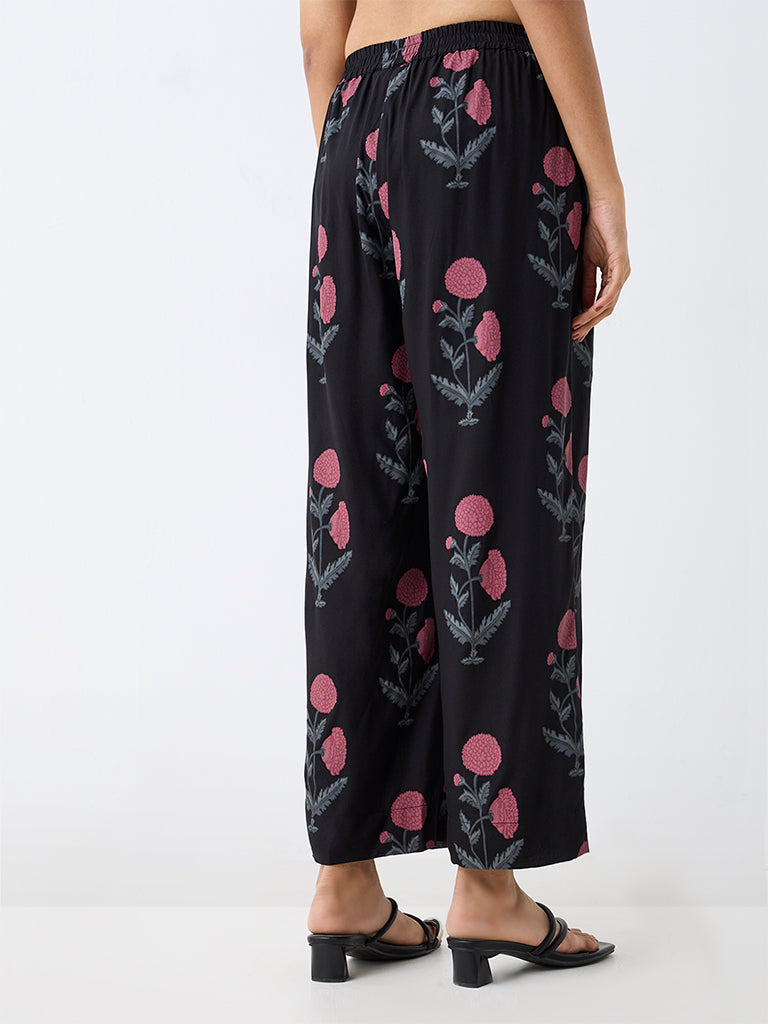Utsa Black Foliage Printed Cotton-Blend Pants