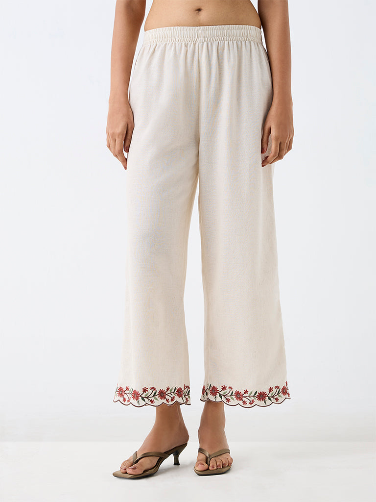Utsa Off-White Floral Embroidered Cotton-Blend Pants