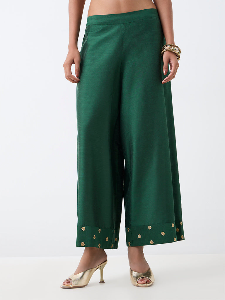 Utsa Dark Green Floral Embroidered Pants