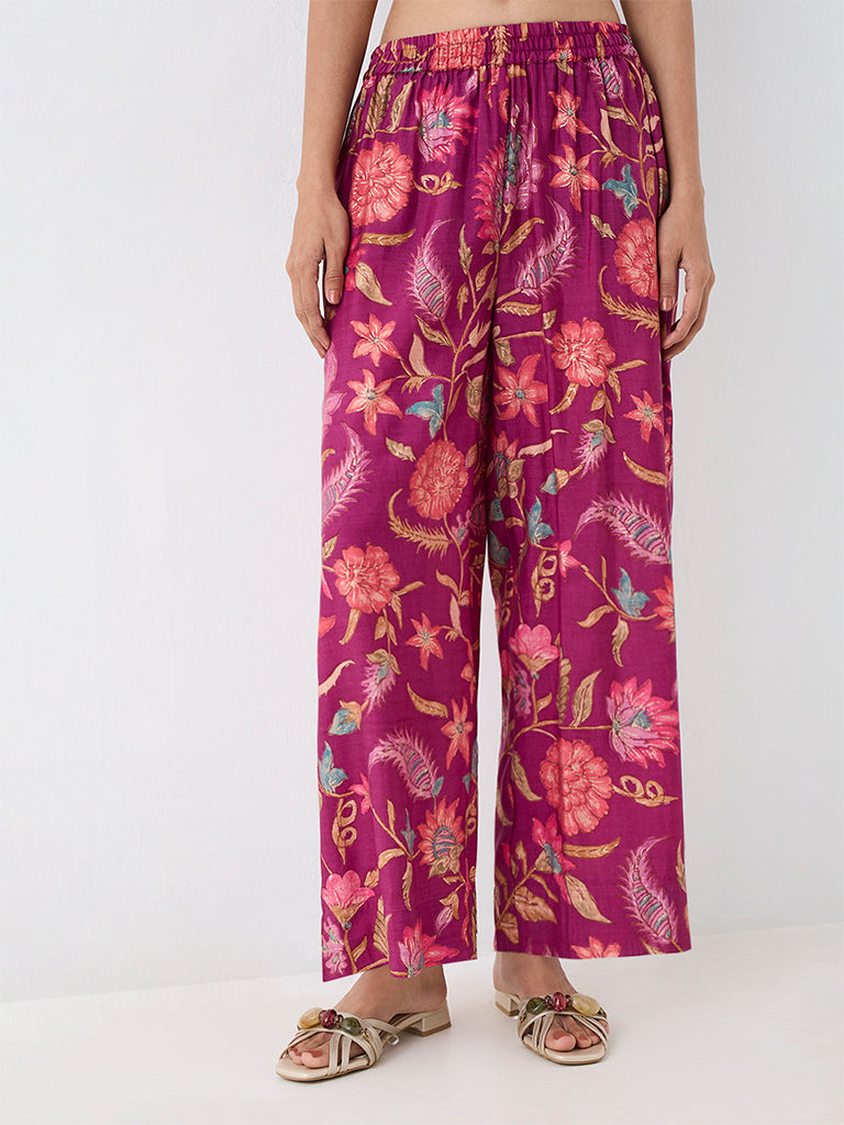 Utsa Magenta Floral Printed Pants