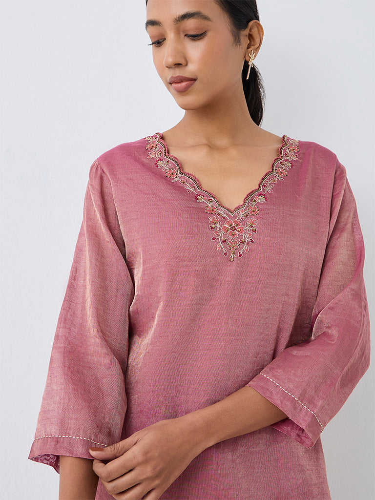 Zuba Dusty Pink Floral Embellished Kurti