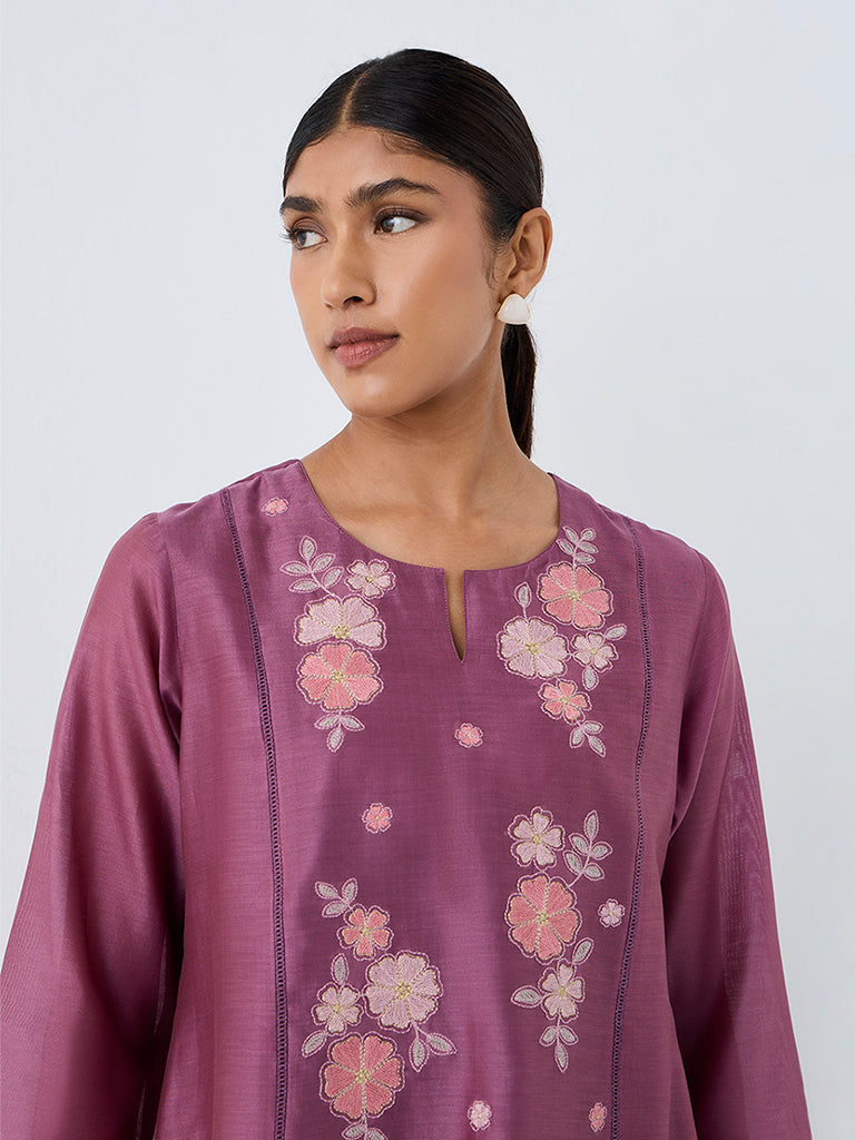 Zuba Purple Floral Embroidered Cotton-Blend Tunic
