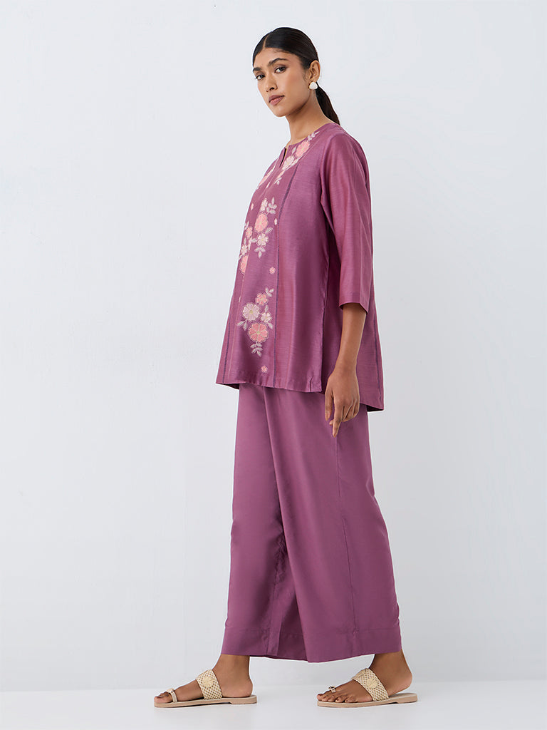 Zuba Purple Floral Embroidered Cotton-Blend Tunic