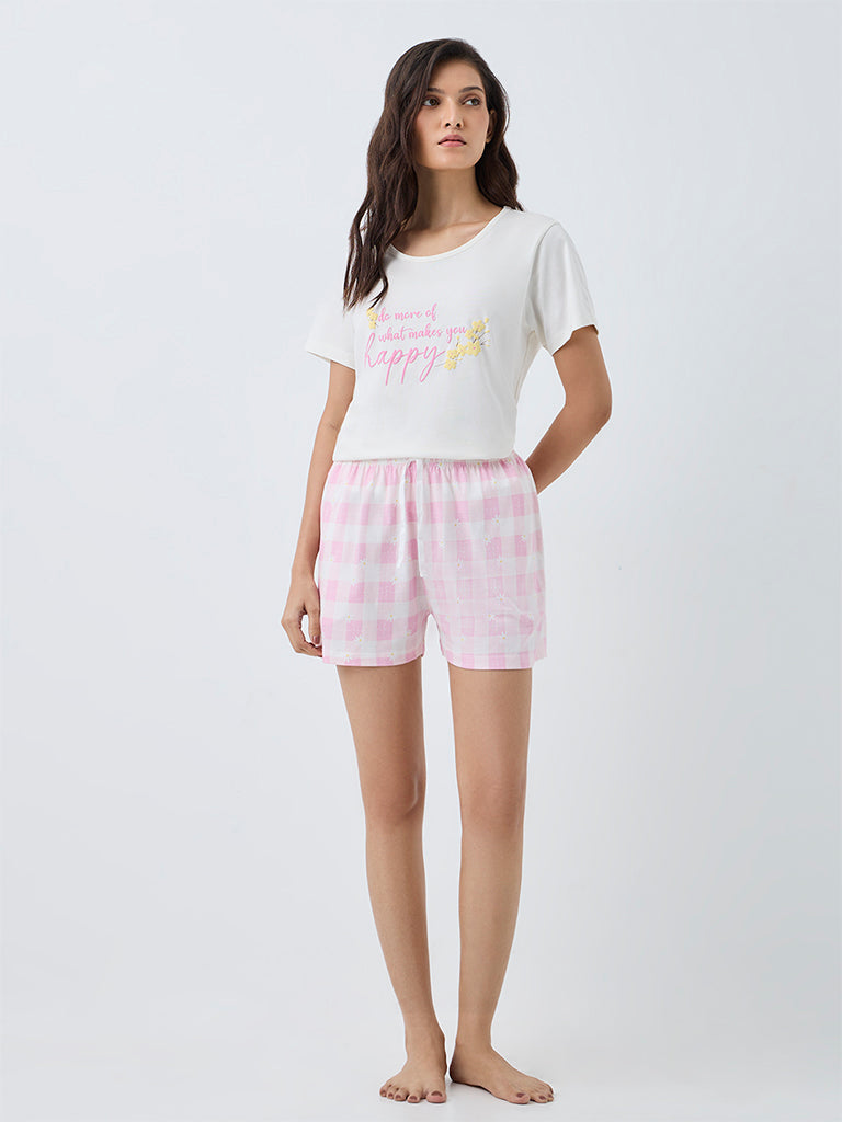 Wunderlove Pink Checks Printed High-Rise Cotton Shorts