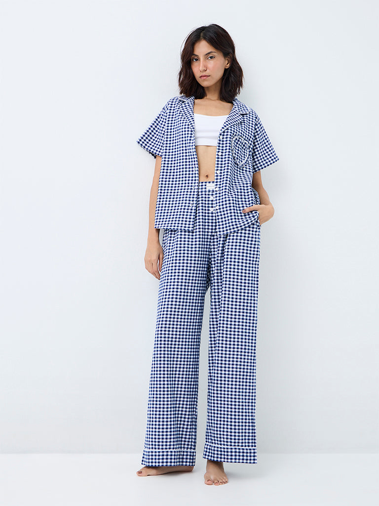 Superstar Navy Gingham Checkered High-Rise Cotton Pants