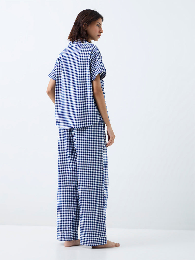 Superstar Navy Gingham Checkered High-Rise Cotton Pants