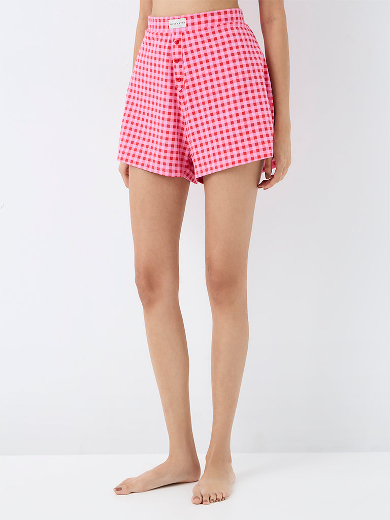 Superstar Pink Gingham Checkered High-Rise Cotton-Blend Shorts