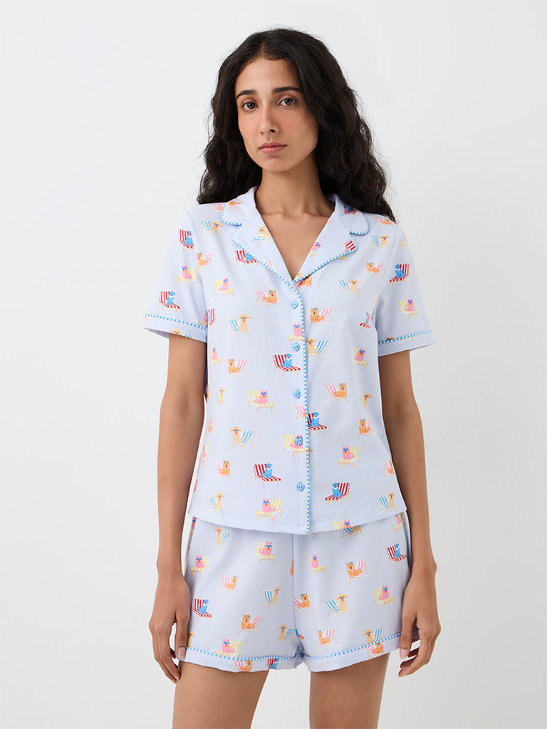 Superstar Light Blue Animal Printed Cotton-Blend Shirt