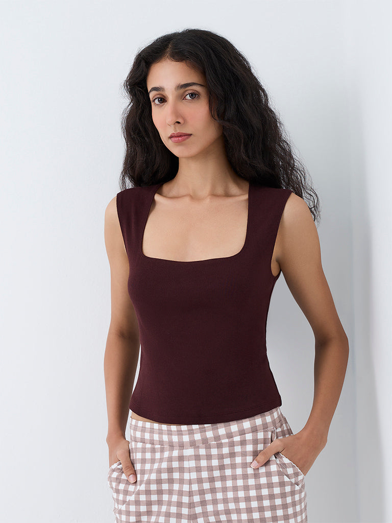 Superstar Dark Brown Solid Cotton-Blend Tank Top