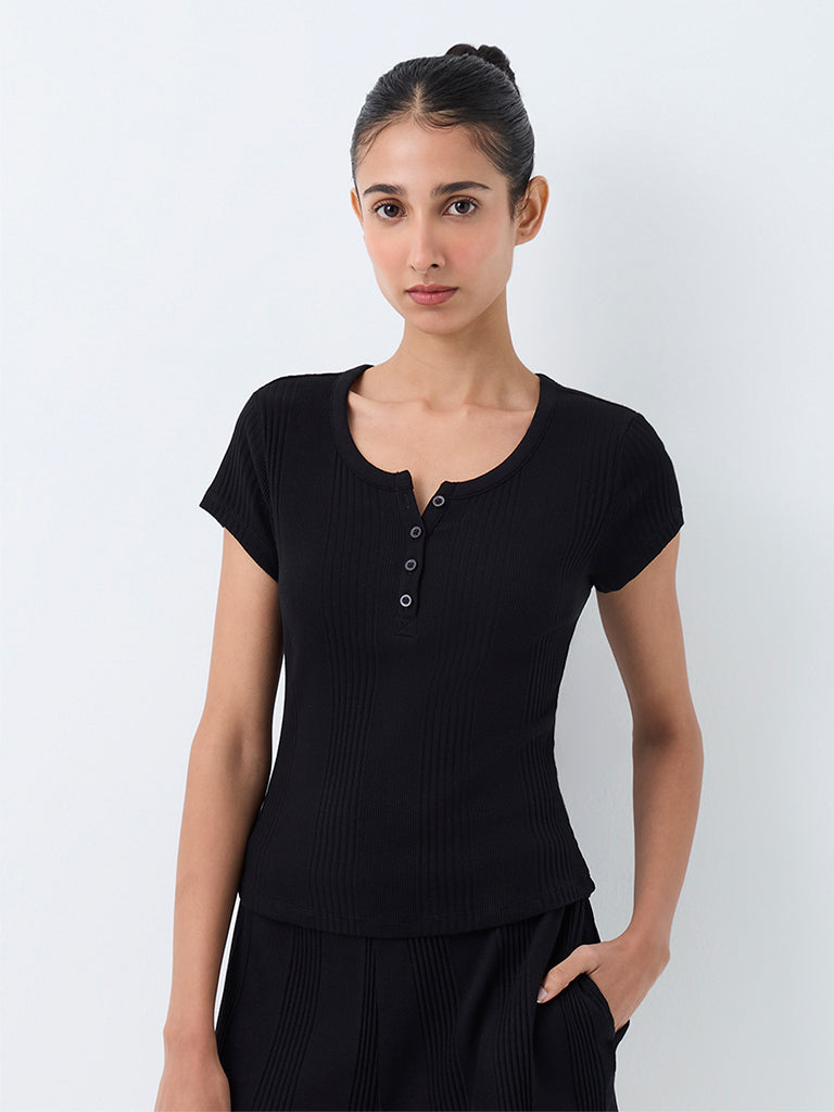 Superstar Black Ribbed-Textured Cotton Top