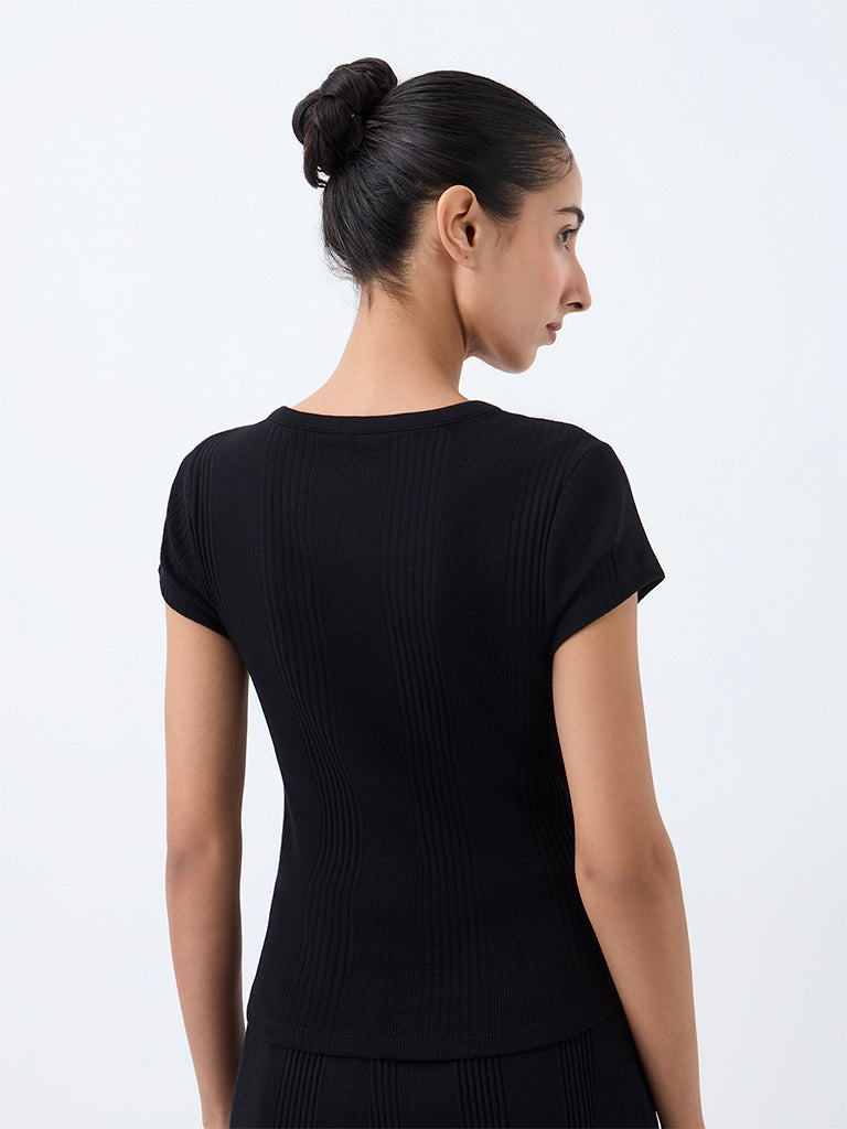 Superstar Black Ribbed-Textured Cotton Top