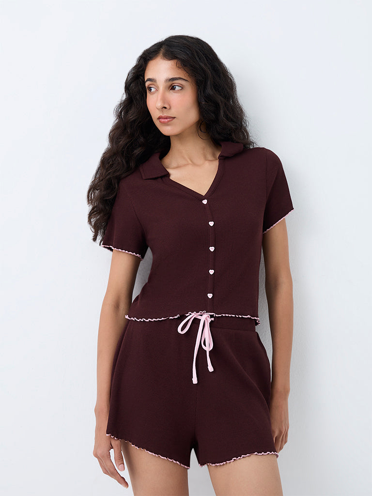 Superstar Dark Brown Ribbed-Texture Top