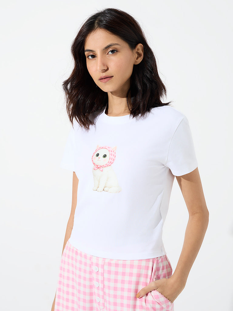 Superstar White Cat Printed Cotton T-Shirt