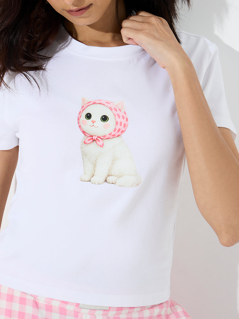 Superstar White Cat Printed Cotton T-Shirt