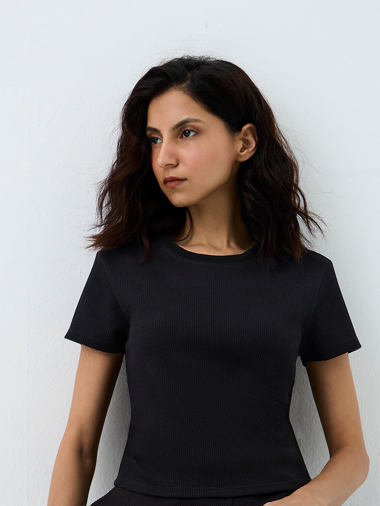 Superstar Black Ribbed-Textured Cotton T-Shirt