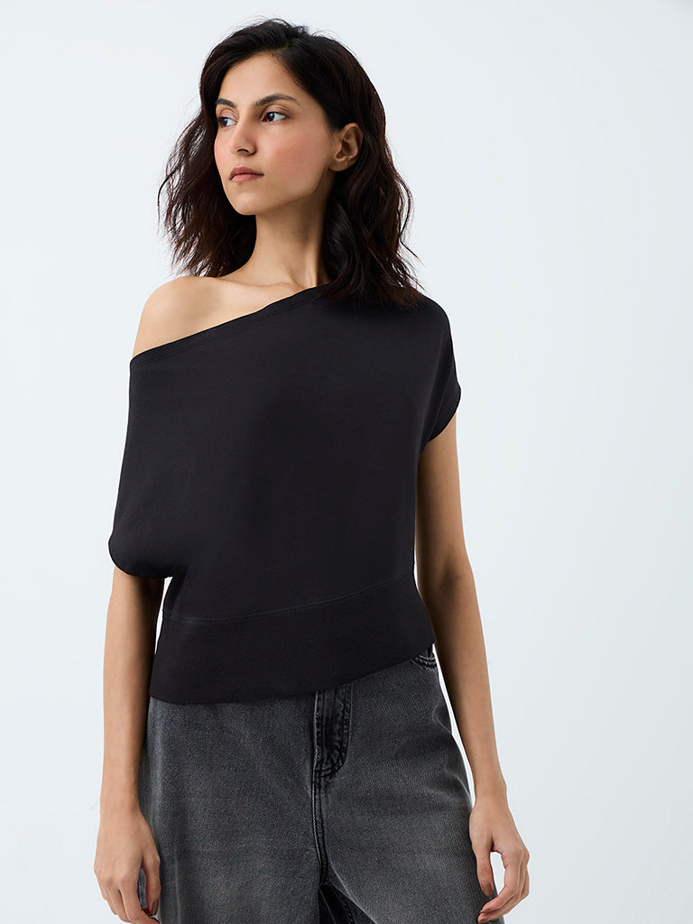 Superstar Black One-Shoulder Cotton-Blend Top