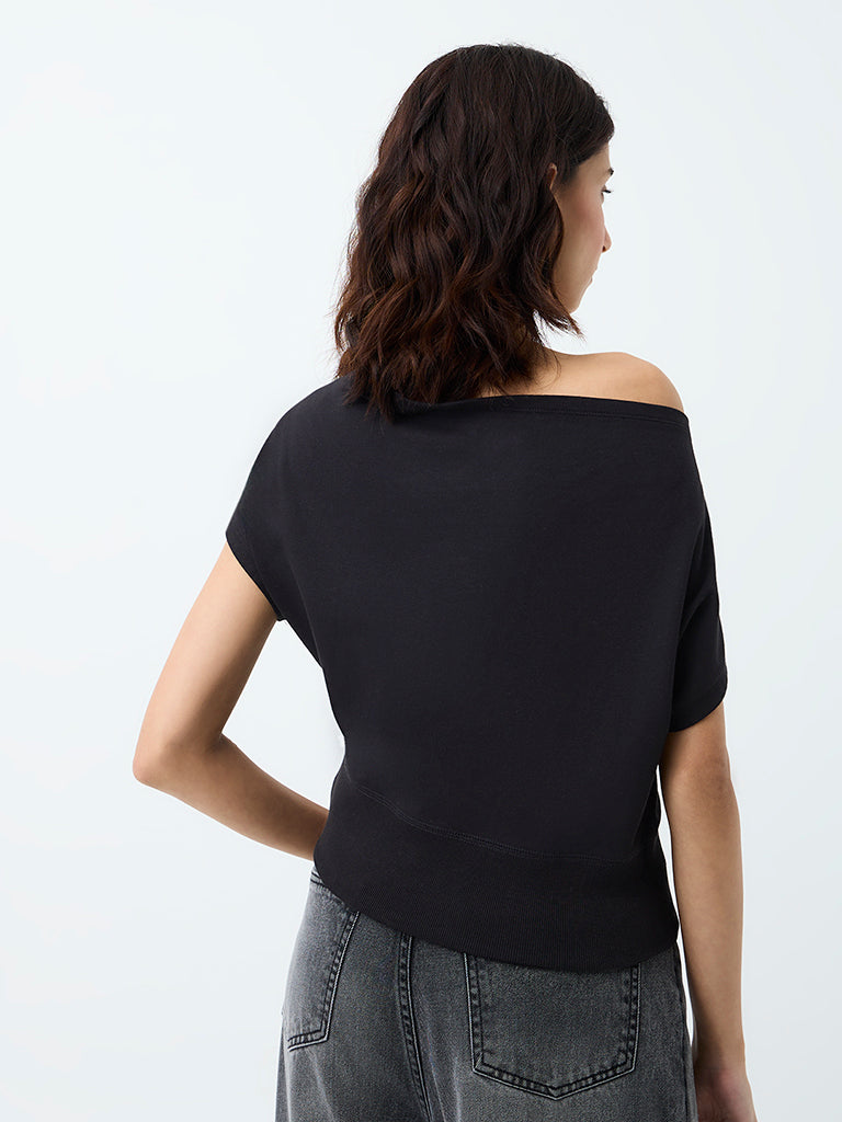 Superstar Black One-Shoulder Cotton-Blend Top