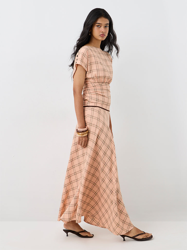 LOV Peach Plaid Checkered Top