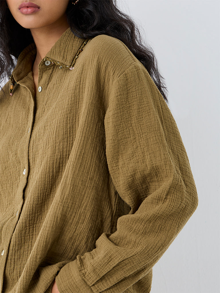 LOV Sage Crinkle-Textured Shirt
