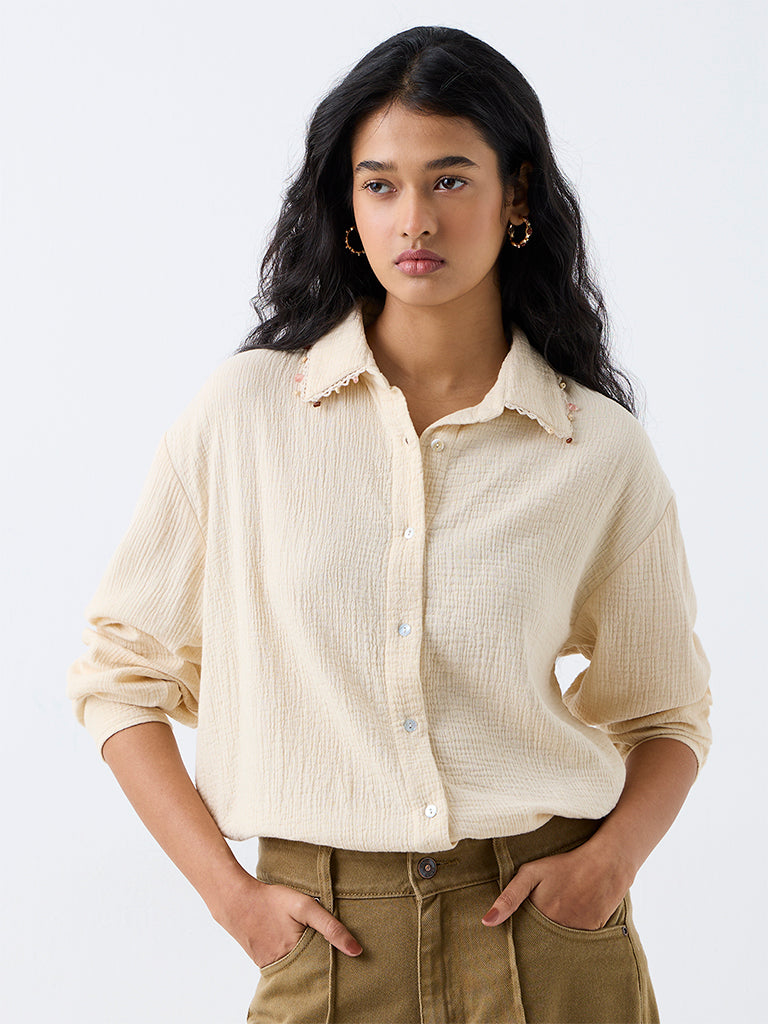 LOV Cream Crinkle-Textured Shirt