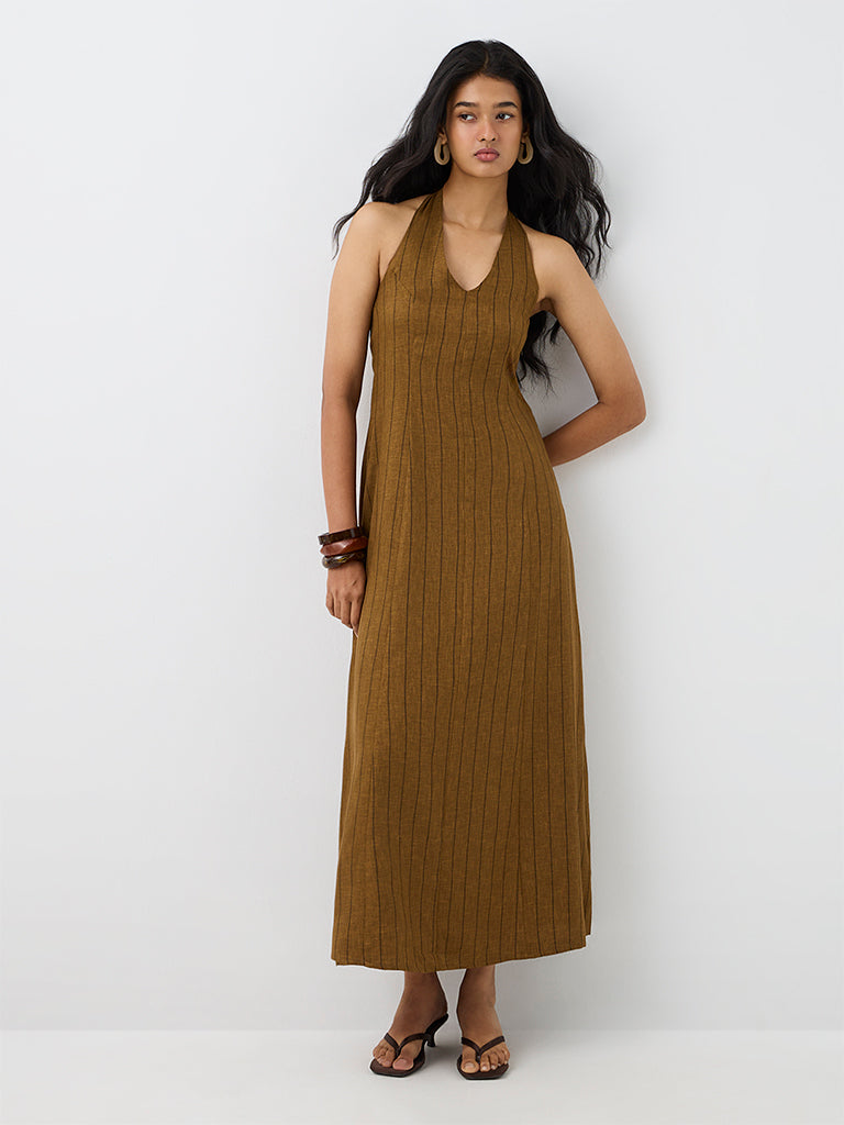 LOV Dark Mustard Striped Linen-Blend A-Line Dress