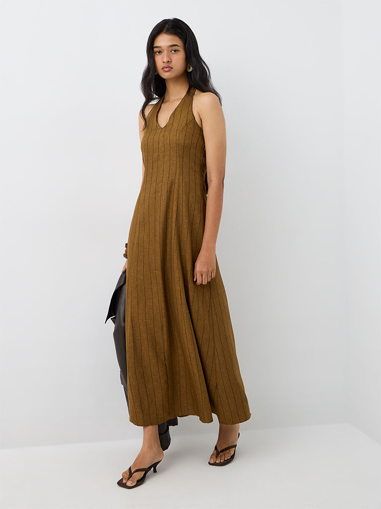 LOV Dark Mustard Striped Linen-Blend A-Line Dress