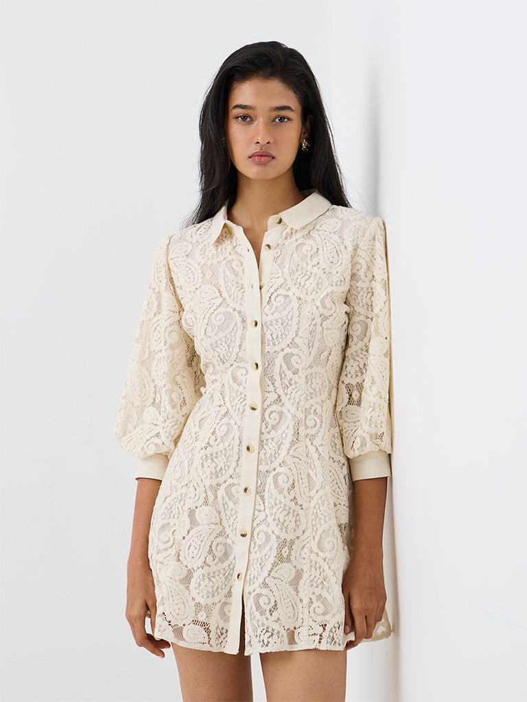 LOV Off-White Paisley Laced Linen Shirt Dress