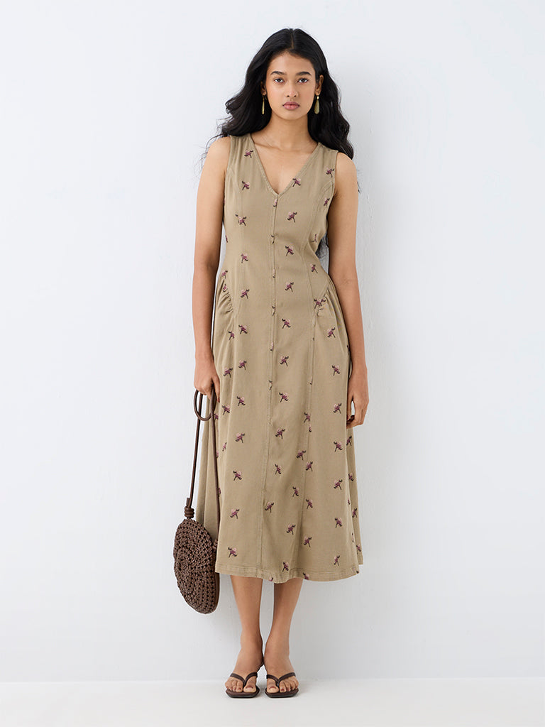 LOV Khaki Floral Embroidered A-Line Denim Dress