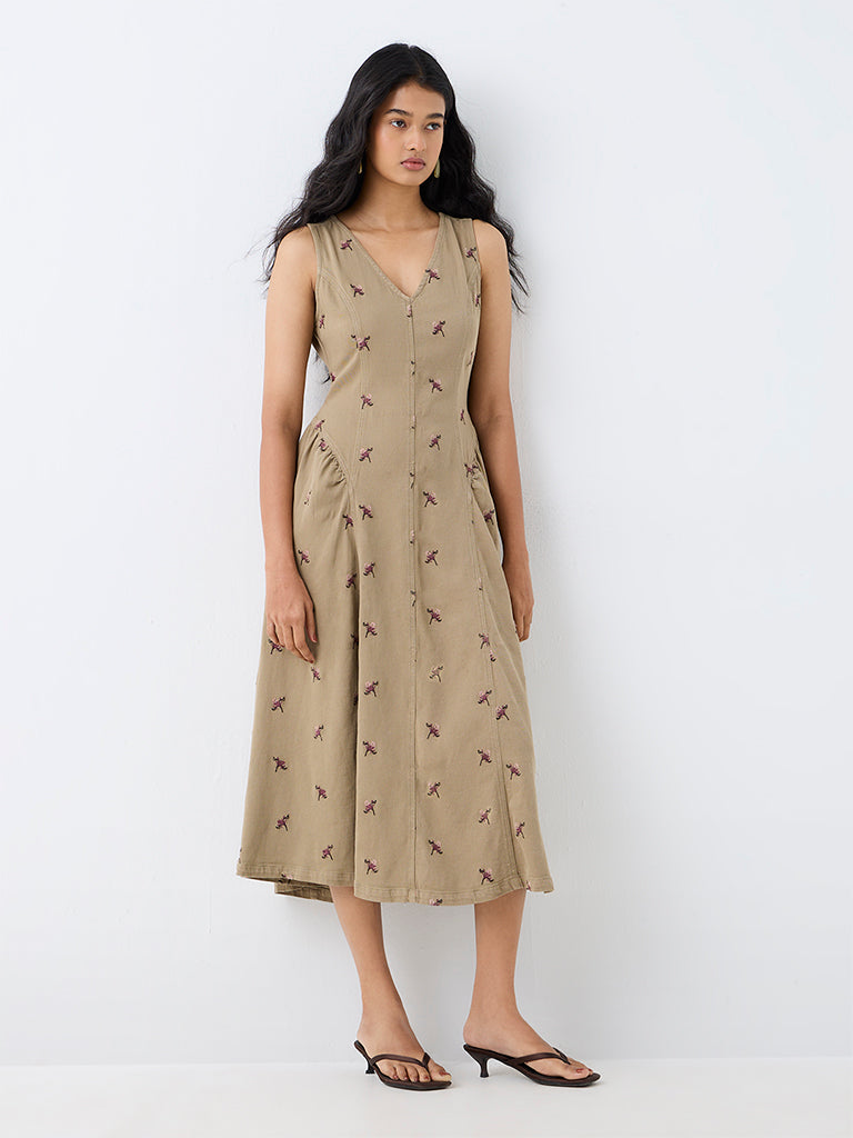 LOV Khaki Floral Embroidered A-Line Denim Dress