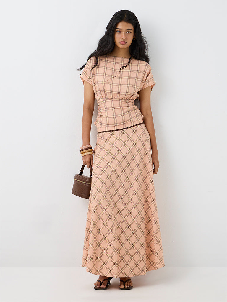 LOV Peach Plaid Checkered High-Rise Cotton Skirt