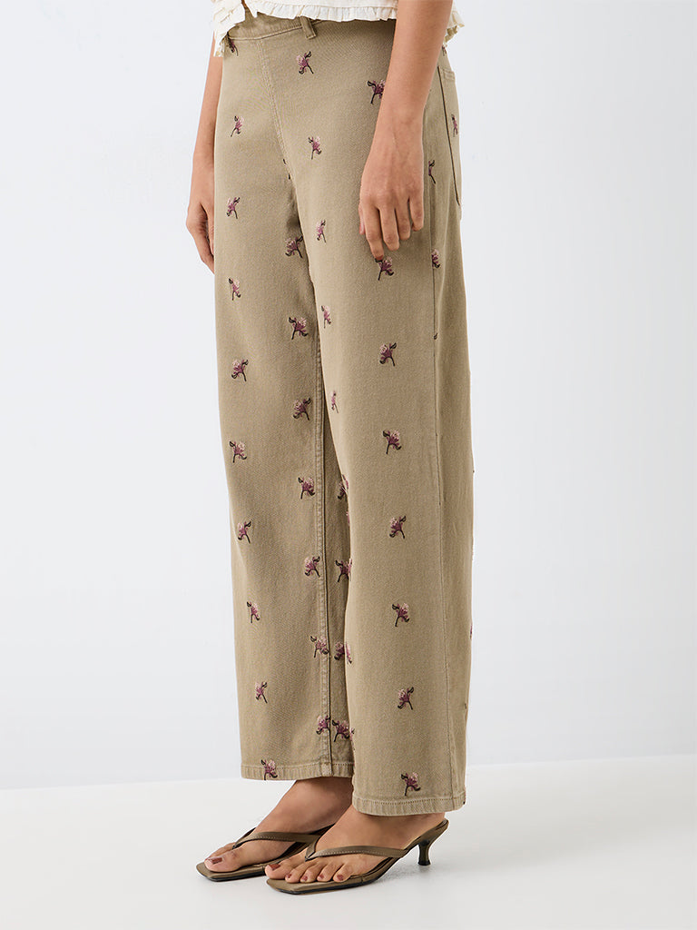 LOV Khaki High-Waist Jeans with Floral Embroidery