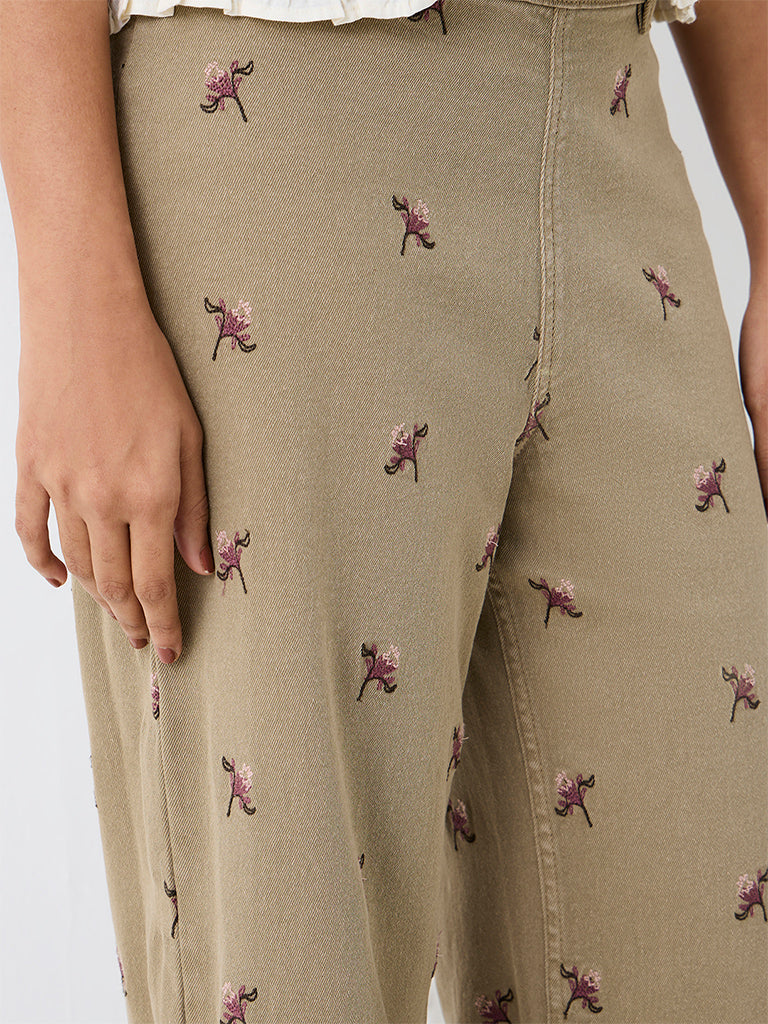 LOV Khaki High-Waist Jeans with Floral Embroidery