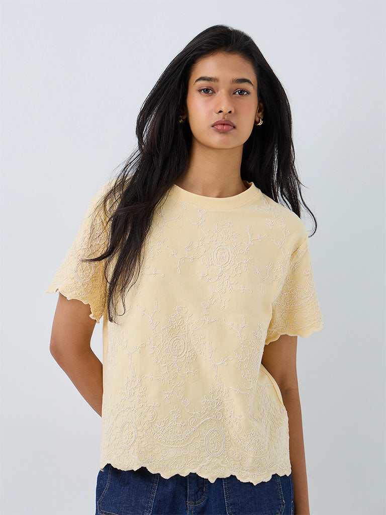 LOV Light Yellow Floral Embroidered Cotton T-Shirt