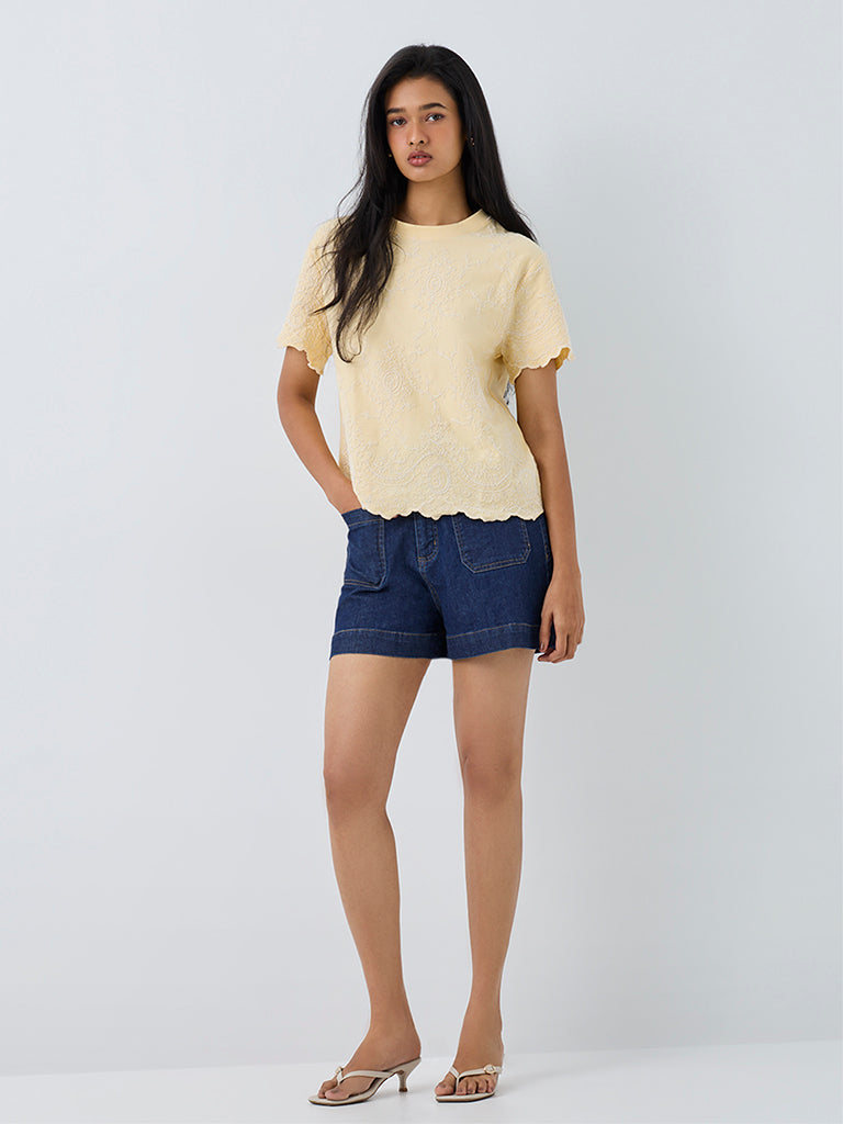 LOV Light Yellow Floral Embroidered Cotton T-Shirt
