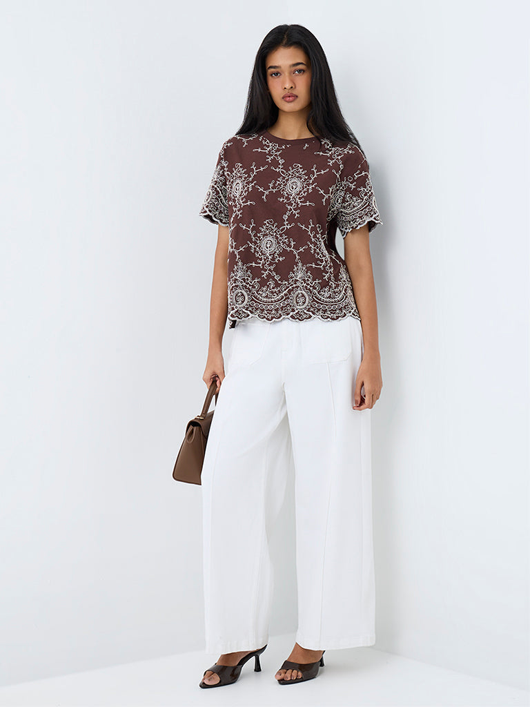 LOV Dark Brown Floral Embroidered Cotton T-Shirt