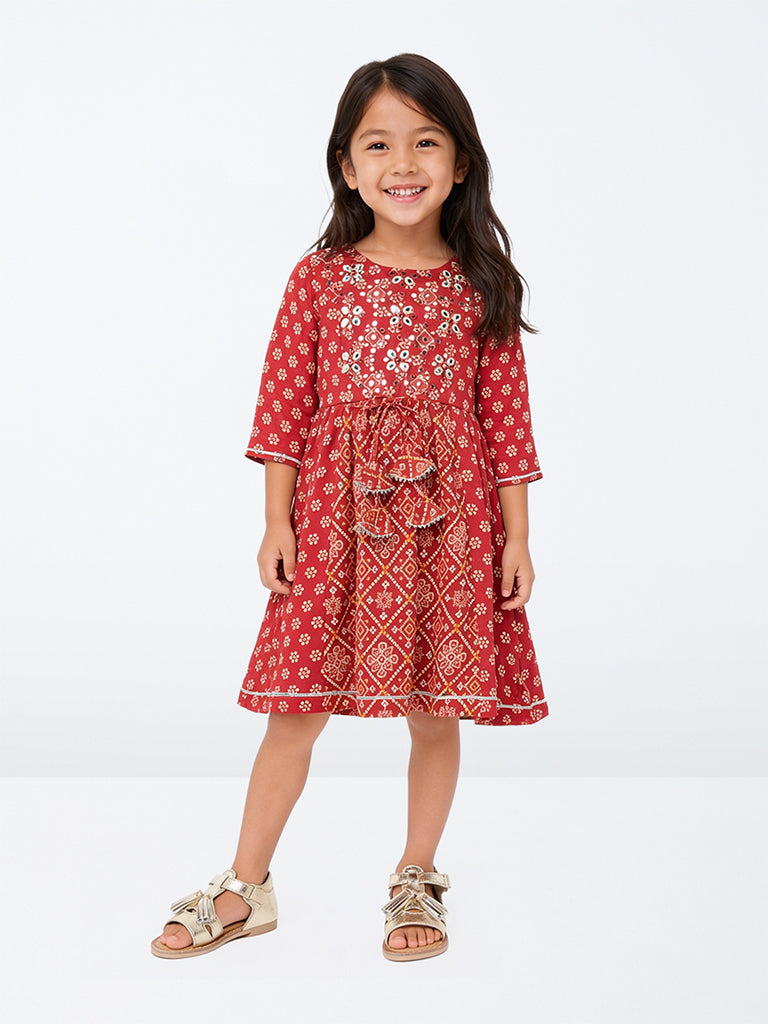 Utsa Kids Girls Red Floral Bandhani Cotton A-Line Dress (2-8 years)