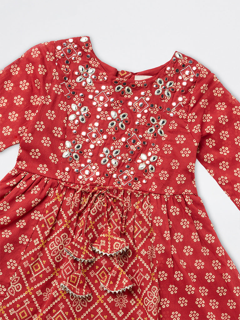 Utsa Kids Girls Red Floral Bandhani Cotton A-Line Dress (2-8 years)