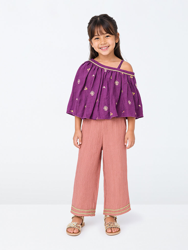 Utsa Kids Girls Purple Embroidered Top and Palazzo Set - (2-8 yrs)