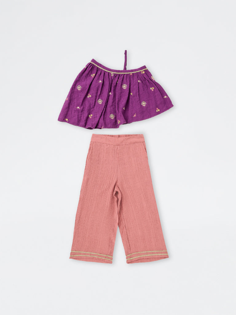 Utsa Kids Girls Purple Embroidered Top and Palazzo Set - (2-8 yrs)