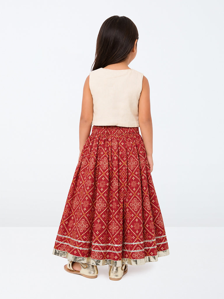 Utsa Kids Girls Off-White Floral Embroidered Cotton Jacket with Flared Skirt Set ( 2-8 yrs)