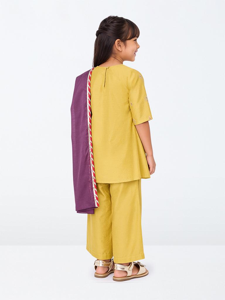 Utsa Kids Girls Yellow Zari Embroidered Kurta with Ethnic Pants Set - (2-8 yrs)