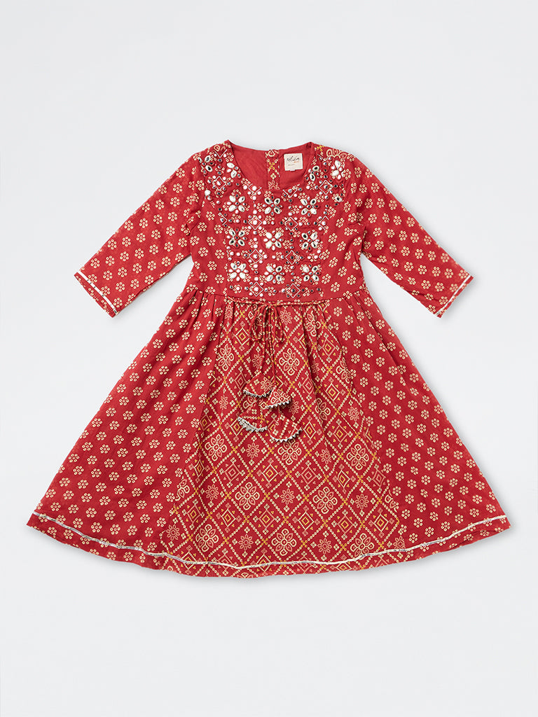 Utsa Kids Girls Red Floral Bandhani Cotton A-Line Dress (8-14 years)