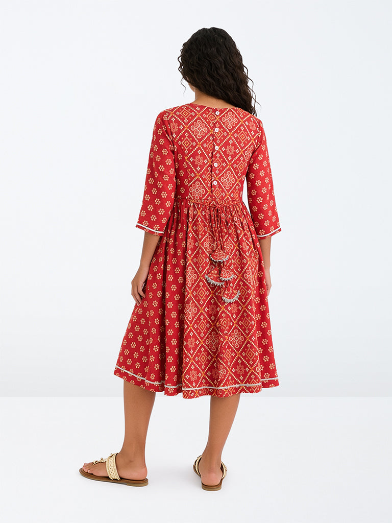 Utsa Kids Girls Red Floral Bandhani Cotton A-Line Dress (8-14 years)