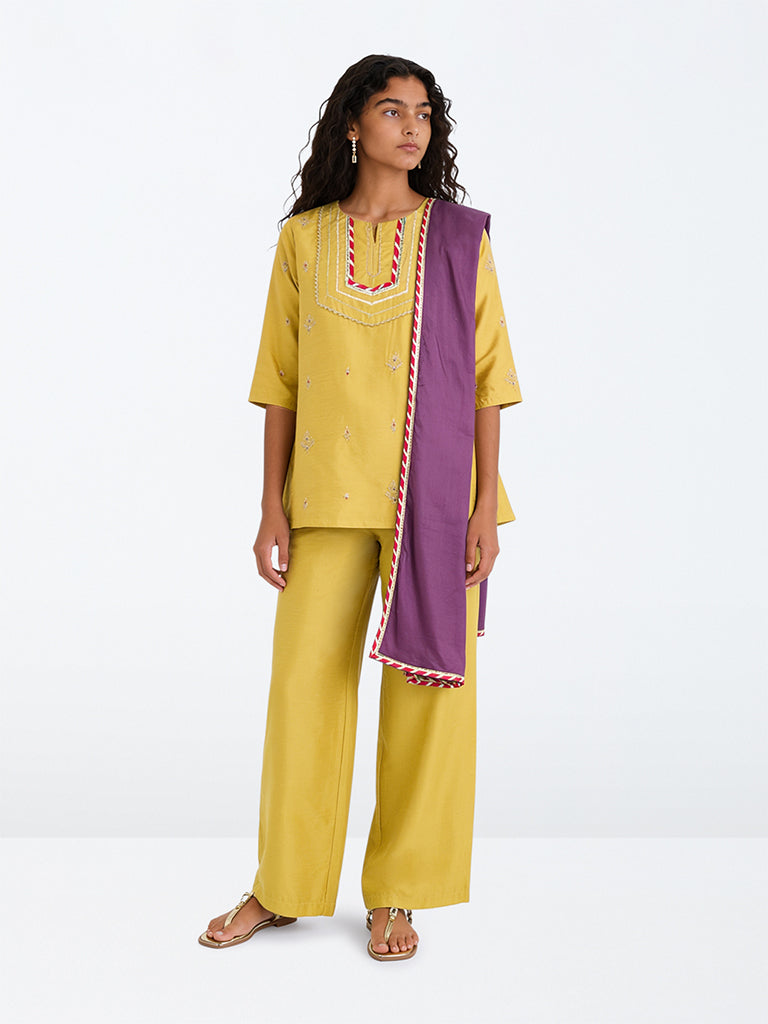 Utsa Kids Girls Yellow Zari Embroidered Kurta with Ethnic Pants Set - (8-14 yrs)