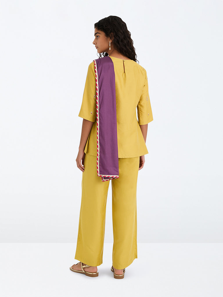 Utsa Kids Girls Yellow Zari Embroidered Kurta with Ethnic Pants Set - (8-14 yrs)