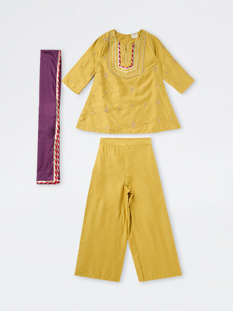 Utsa Kids Girls Yellow Zari Embroidered Kurta with Ethnic Pants Set - (8-14 yrs)