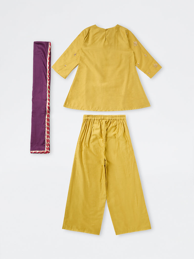 Utsa Kids Girls Yellow Zari Embroidered Kurta with Ethnic Pants Set - (8-14 yrs)